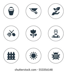 Set Of 9 Simple Garden Icons. Can Be Found Such Elements As Blossom, Beetle, Worker And Other.