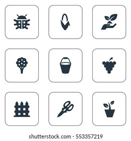 Set Of 9 Simple Garden Icons. Can Be Found Such Elements As Fruit, Rescue Nature, Maize And Other.