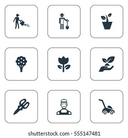 Set Of 9 Simple Garden Icons. Can Be Found Such Elements As Farmer, Apple Timber, Worker And Other.