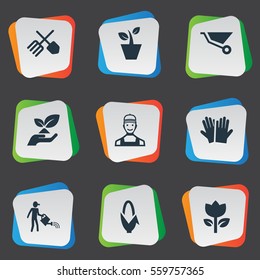 Set Of 9 Simple Garden Icons. Can Be Found Such Elements As Worker, Farmer, Rescue Nature And Other.