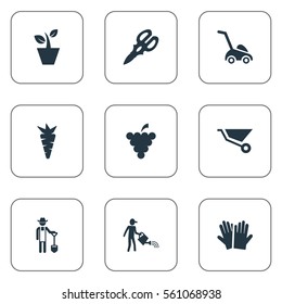 Set Of 9 Simple Garden Icons. Can Be Found Such Elements As Shear, Plougher, Flowerpot And Other.