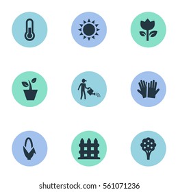 Set Of 9 Simple Garden Icons. Can Be Found Such Elements As Maize, Flowerpot, Farmer And Other.