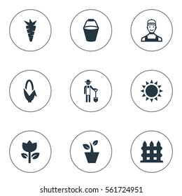Set Of 9 Simple Garden Icons. Can Be Found Such Elements As Pail, Worker, Flowerpot And Other.