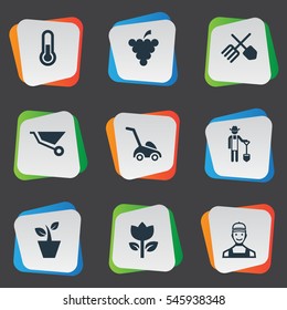 Set Of 9 Simple Gardening Icons. Can Be Found Such Elements As Flowerpot, Worker, Grass Cutting Machine And Other.