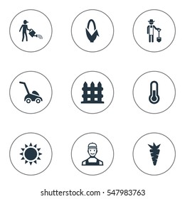 Set Of 9 Simple Gardening Icons. Can Be Found Such Elements As Parapet, Grass Cutting Machine, Maize And Other.