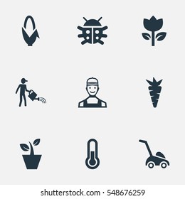 Set Of 9 Simple Gardening Icons. Can Be Found Such Elements As Root, Grass Cutting Machine, Blossom And Other.