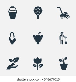 Set Of 9 Simple Gardening Icons. Can Be Found Such Elements As Rescue Nature, Apple Timber, Fruit And Other.