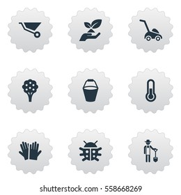 Set Of 9 Simple Gardening Icons. Can Be Found Such Elements As Beetle, Plougher, Grass Cutting Machine And Other.