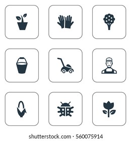 Set Of 9 Simple Gardening Icons. Can Be Found Such Elements As Maize, Pail, Grass Cutting Machine And Other.