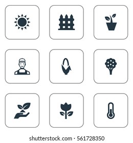 Set Of 9 Simple Gardening Icons. Can Be Found Such Elements As Blossom, Sunshine, Apple Timber And Other.