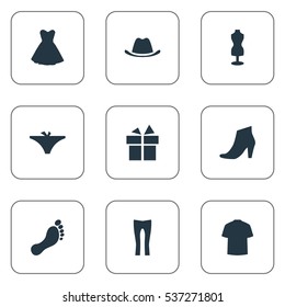 Set Of 9 Simple Garments Icons. Can Be Found Such Elements As Pants, Panties, Footwear And Other.