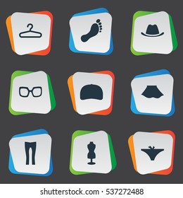 Set Of 9 Simple Garments Icons. Can Be Found Such Elements As Barefoot, Rack, Head Accessory And Other.