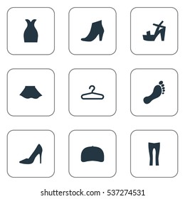 Set Of 9 Simple Garments Icons. Can Be Found Such Elements As Female Cloth, Footwear, Rack And Other.