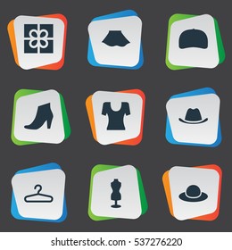 Set Of 9 Simple Garments Icons. Can Be Found Such Elements As Head Accessory, T-Shirt, Cap And Other.