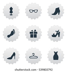 Set Of 9 Simple Garments Icons. Can Be Found Such Elements As Footwear, Barefoot, Present And Other.