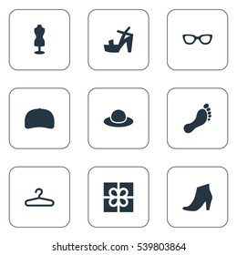 Set Of 9 Simple Garments Icons. Can Be Found Such Elements As Rack, Cap, Footwear And Other.