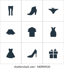 Set Of 9 Simple Garments Icons. Can Be Found Such Elements As Footwear, Attire, Female Cloth And Other.