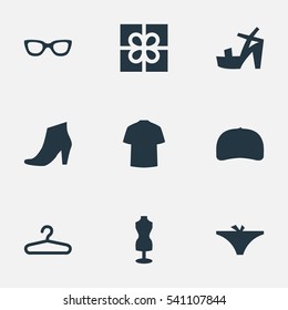 Set Of 9 Simple Garments Icons. Can Be Found Such Elements As Footwear, Present, Mannequin And Other.