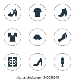 Set Of 9 Simple Garments Icons. Can Be Found Such Elements As Barefoot, Man Clothing, Mannequin And Other.