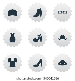 Set Of 9 Simple Garments Icons. Can Be Found Such Elements As Cap, Footwear, Footwear And Other.