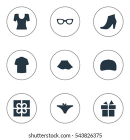 Set Of 9 Simple Garments Icons. Can Be Found Such Elements As Present, Present, Female Cloth And Other.