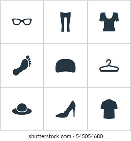 Set Of 9 Simple Garments Icons. Can Be Found Such Elements As Footwear, Cap, Rack And Other.