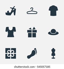 Set Of 9 Simple Garments Icons. Can Be Found Such Elements As Elegant Headgear, Present, Mannequin And Other.