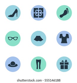 Set Of 9 Simple Garments Icons. Can Be Found Such Elements As Present, Elegant Headgear, T-Shirt And Other.