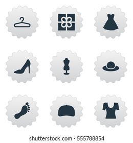 Set Of 9 Simple Garments Icons. Can Be Found Such Elements As Rack, Present, Footwear And Other.