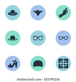 Set Of 9 Simple Garments Icons. Can Be Found Such Elements As Barefoot, Head Accessory, Panties And Other.