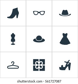 Set Of 9 Simple Garments Icons. Can Be Found Such Elements As Elegant Headgear, Head Accessory, Present And Other.