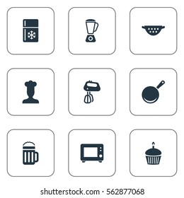 Set Of 9 Simple Gastronomy Icons. Can Be Found Such Elements As Drainer, Lager, Stir And Other.