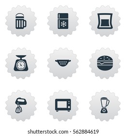 Set Of 9 Simple Gastronomy Icons. Can Be Found Such Elements As Stir, Whisk, Oven And Other.