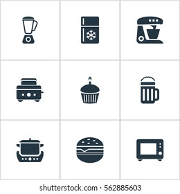 Set Of 9 Simple Gastronomy Icons. Can Be Found Such Elements As Hamburger, Kitchen Tool, Fridge And Other.