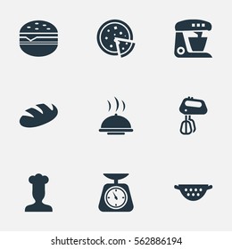 Set Of 9 Simple Gastronomy Icons. Can Be Found Such Elements As Catering, Hamburger, Stir And Other.