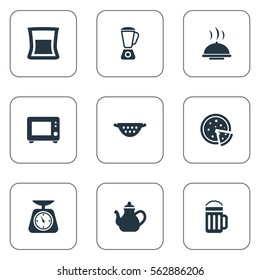 Set Of 9 Simple Gastronomy Icons. Can Be Found Such Elements As Catering, Measure, Oven And Other.