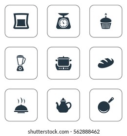 Set Of 9 Simple Gastronomy Icons. Can Be Found Such Elements As Measure, Whisk, Cup And Other.