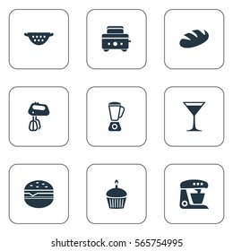 Set Of 9 Simple Gastronomy Icons. Can Be Found Such Elements As Stir, Hamburger, Whisk And Other.