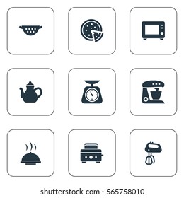Set Of 9 Simple Gastronomy Icons. Can Be Found Such Elements As Drainer, Oven, Tortilla And Other.
