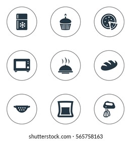 Set Of 9 Simple Gastronomy Icons. Can Be Found Such Elements As Fridge, Tortilla, Cup And Other.