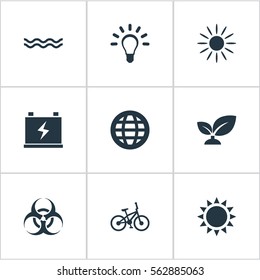 Set Of 9 Simple Green Energy Icons. Can Be Found Such Elements As Bulb, Daylight, Supply And Other.