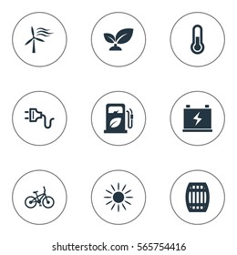 Set Of 9 Simple Green Energy Icons. Can Be Found Such Elements As Socket, Fahrenheit, Windmill And Other.