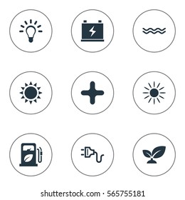 Set Of 9 Simple Green Energy Icons. Can Be Found Such Elements As Socket, Weed, Bulb And Other.