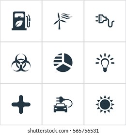 Set Of 9 Simple Green Energy Icons. Can Be Found Such Elements As Windmill, Diagram, Socket And Other.