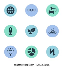 Set Of 9 Simple Green Energy Icons. Can Be Found Such Elements As Velocipede, Thunderbolt, Automobile Fuel And Other.