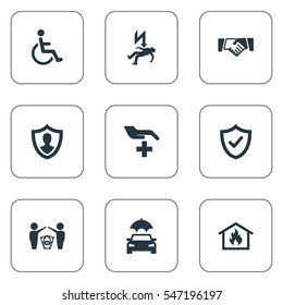 Set Of 9 Simple Guarantee Icons. Can Be Found Such Elements As Automobile Fuse, Safeguard, Contract And Other.