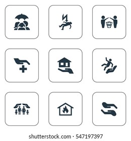 Set Of 9 Simple Guarantee Icons. Can Be Found Such Elements As Medical Attendance, Maintenance, Protect Currency And Other.