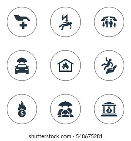 Set Of 9 Simple Guarantee Icons. Can Be Found Such Elements As Banking House, Electric Shock  Jeopardy, Reliability And Other.