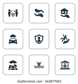 Set Of 9 Simple Guarantee Icons. Can Be Found Such Elements As Protect Currency, Automobile Fuse, Estate Fuse And Other.