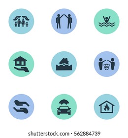 Set Of 9 Simple Guarantee Icons. Can Be Found Such Elements As Protect Currency, Estate Fuse, Job Accord And Other.